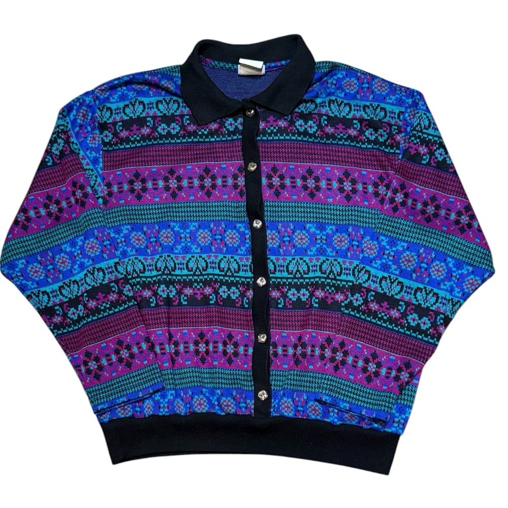 Koret Vintage Medium Multicolor Knit Button Front Collared Sweater 80s 90s
